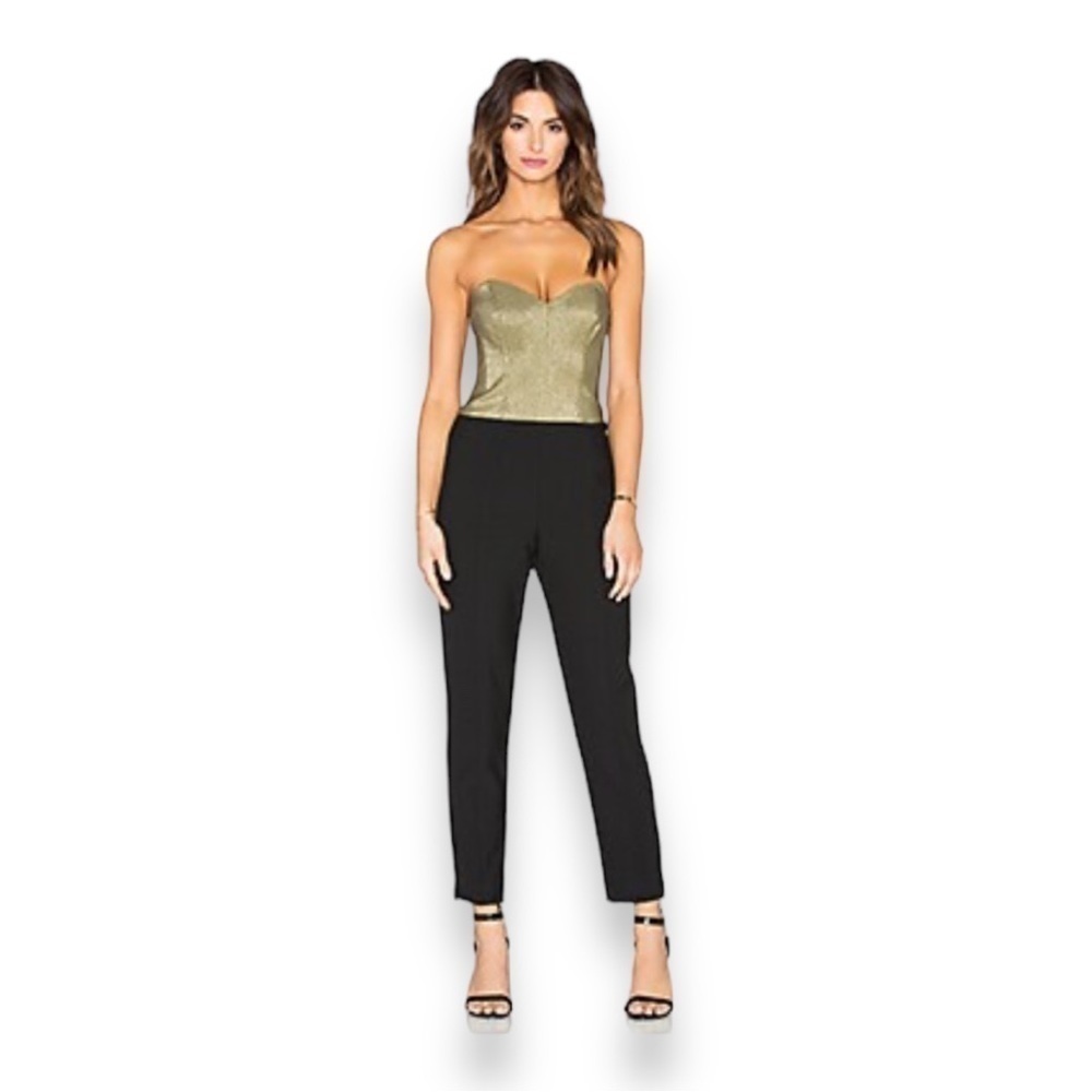 NEW Trina Turk Vendetta Jumpsuit Black Gold Strapless Crop Straight Leg S